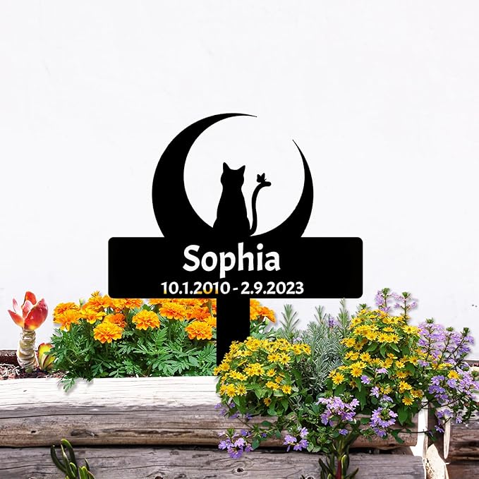 Personalized Moon Cat Memorial Grave Marker, Custom Cat Memorial Stake Grave Marker, Customized Moon and Cat Stake Metal Cat Grave Marker Pet Memorial Grave Sign Garden Plaque